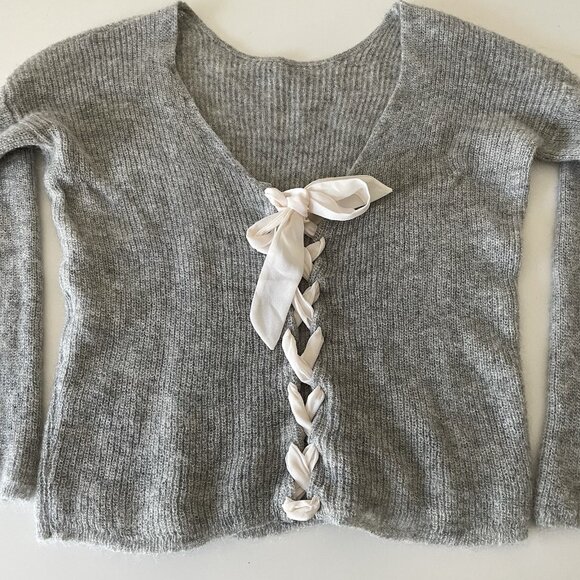 Sezane Sweater Super Kid Mohair Baby Alpaca Gray Lace Up Back Coquette Small - Picture 6 of 14